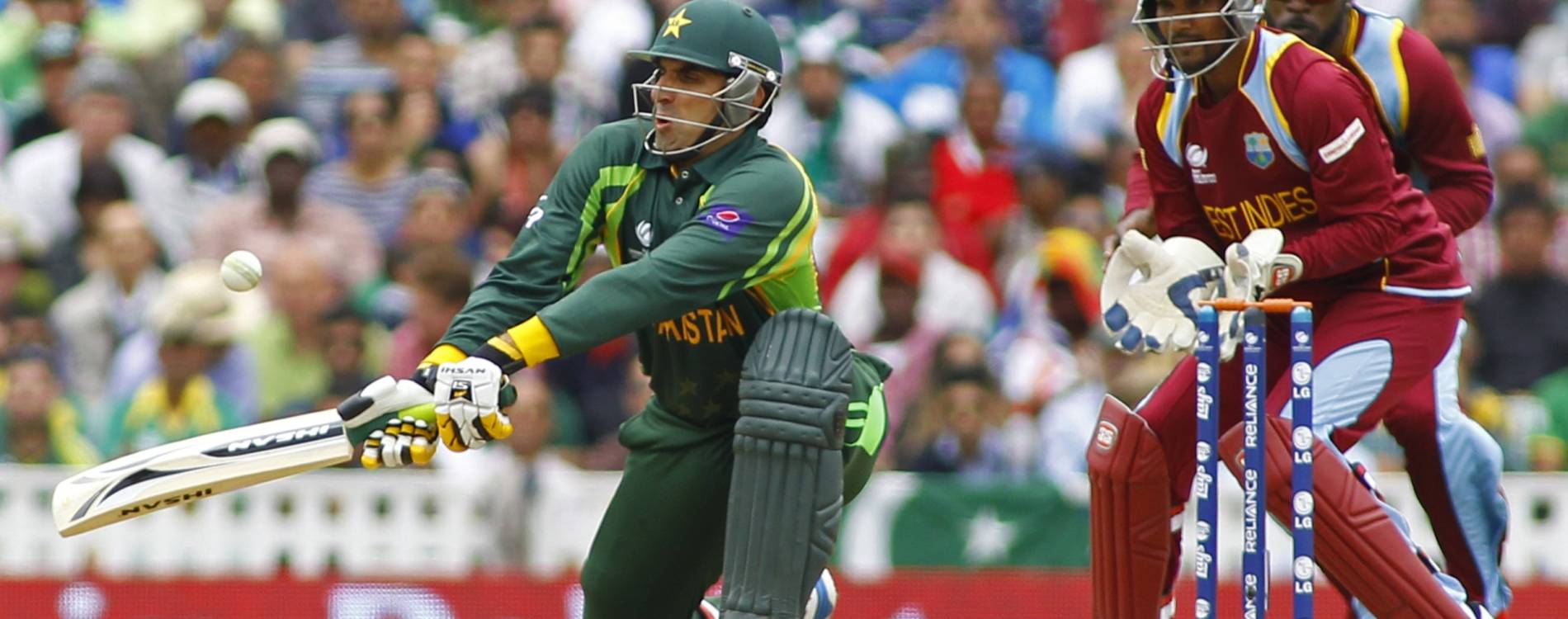 A Pakistan batsman plays a shot against the West Indies in the ICC Champions Trophy