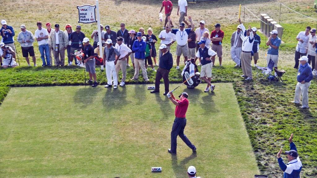 A player tees off at the US Open