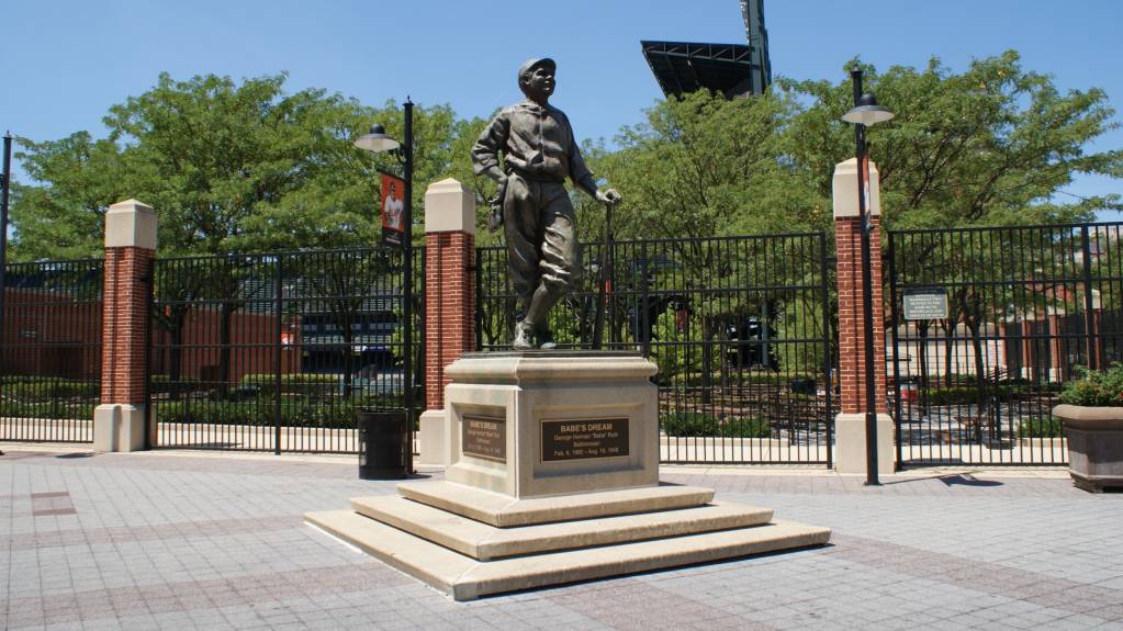 A statue of Baltimore native Babe Ruth stands outside the city's MLB stadium, Oriole Park