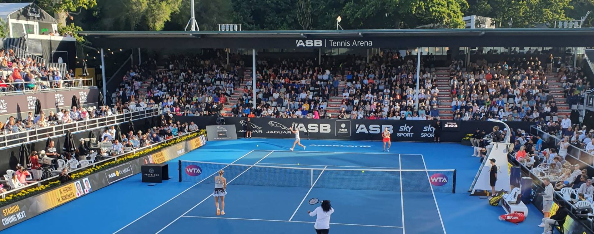 A women's doubles match in progress at the ASB Classic