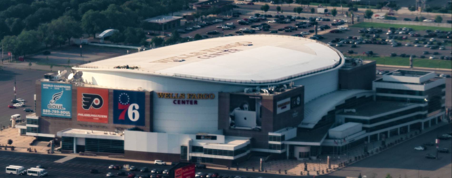 Aerial shot of Wells Fargo Center