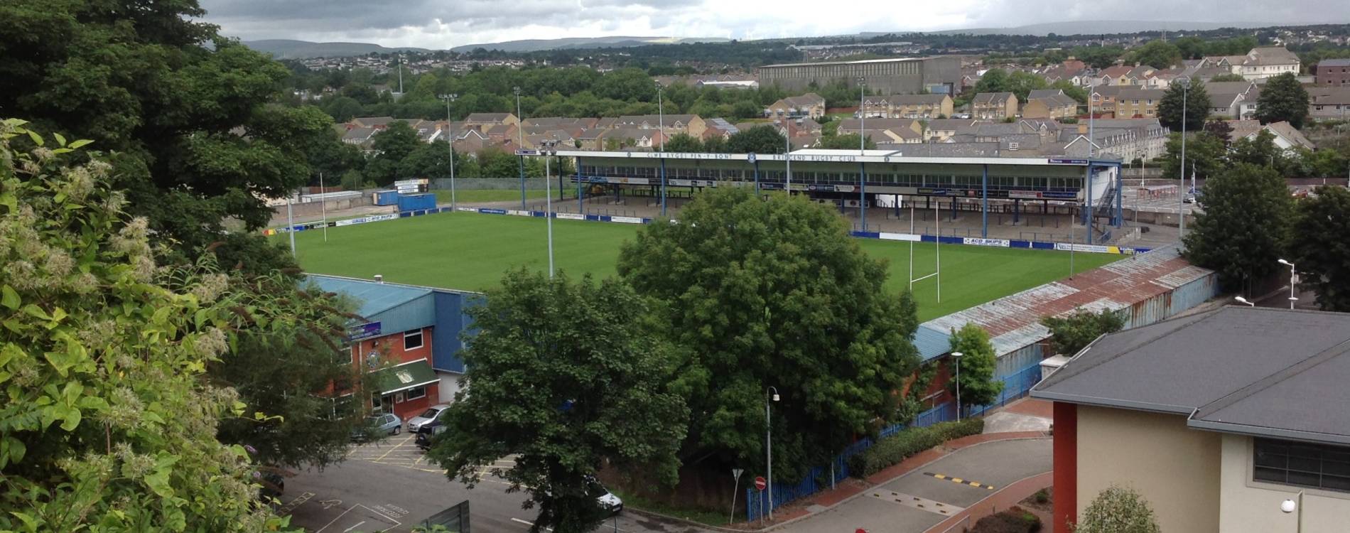 Aerial view of Brewery Field, Bridgend, taken from Newcastle Hill