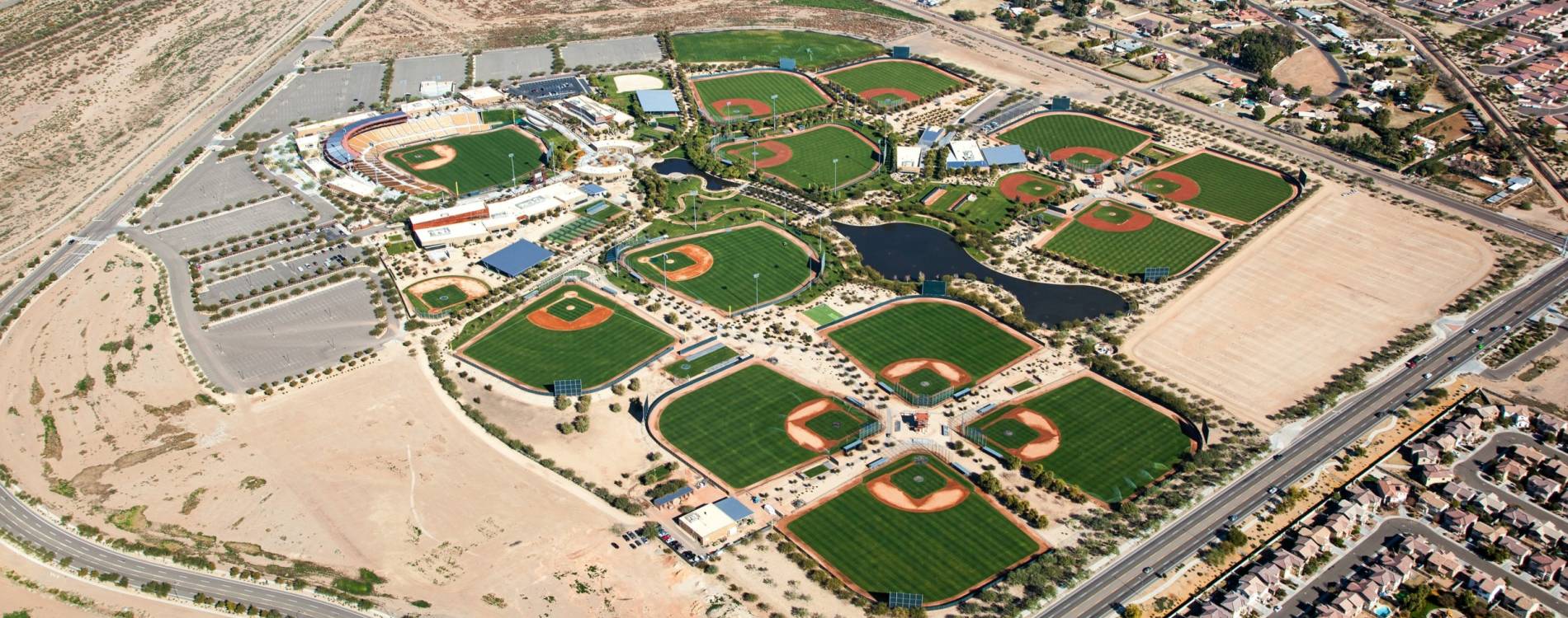 Aerial view of Camelback Ranch (stadium, top left)