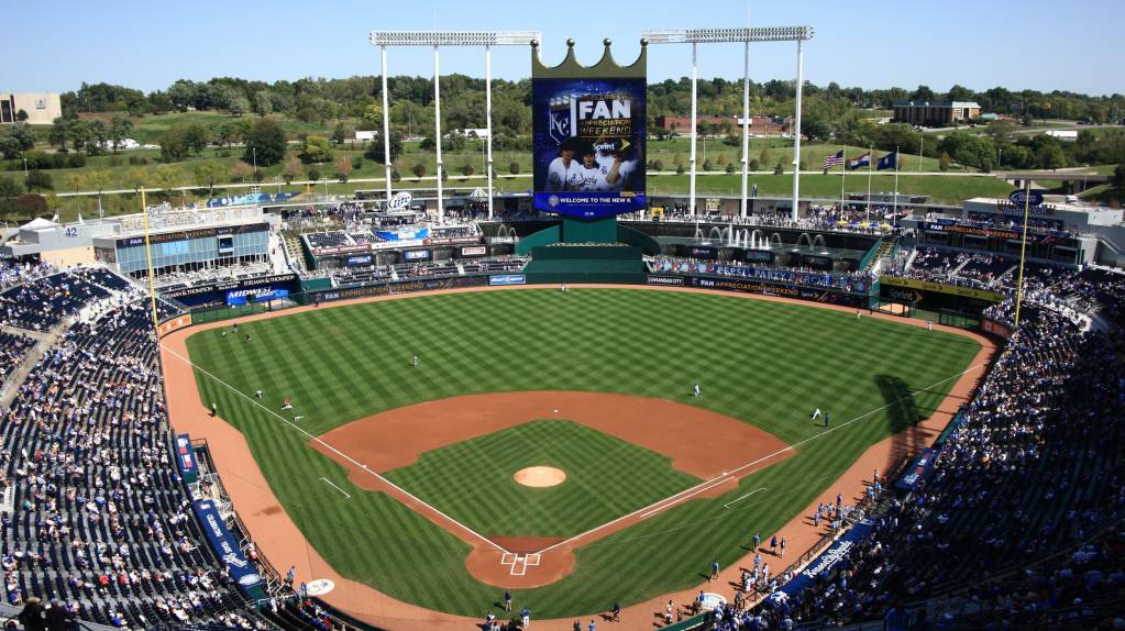 An enormous crown dominates the outfield of Kauffman Stadium, home of the Kansas City Royals