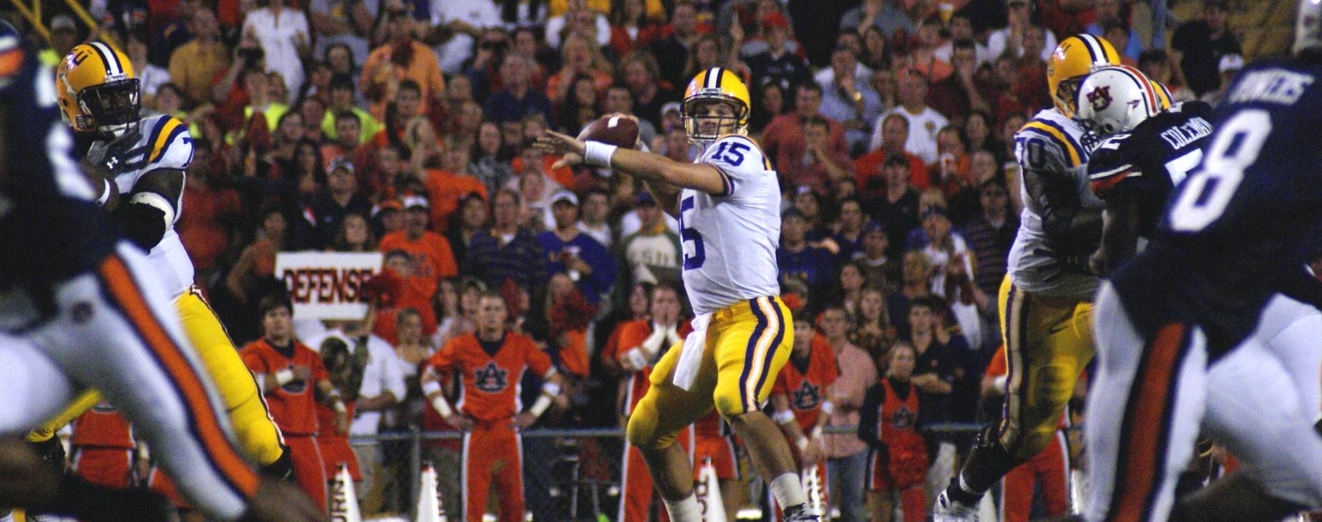 An LSU quarterback prepares to throw