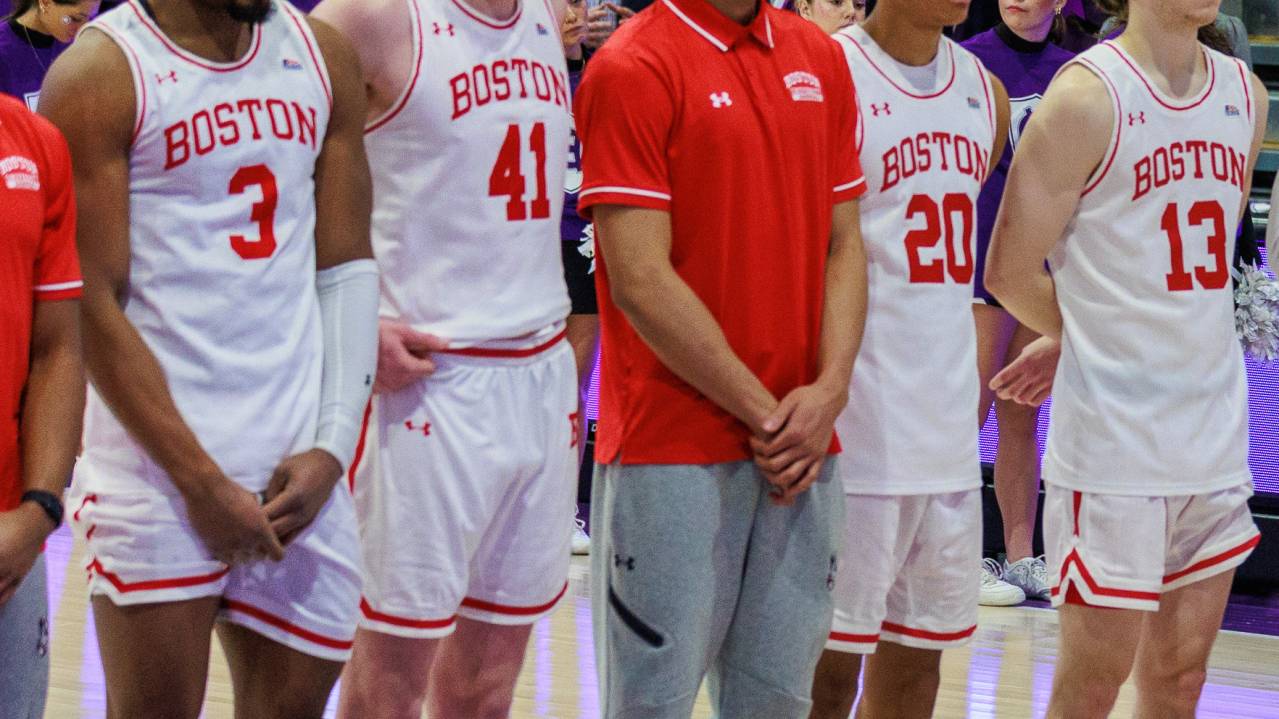 Boston University basketball players before a game against the Holy Cross Crusaders