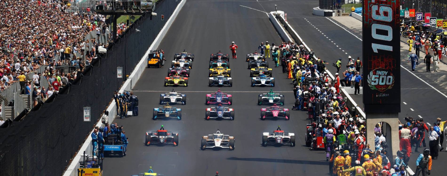 Cars line up in advance of the Indy 500