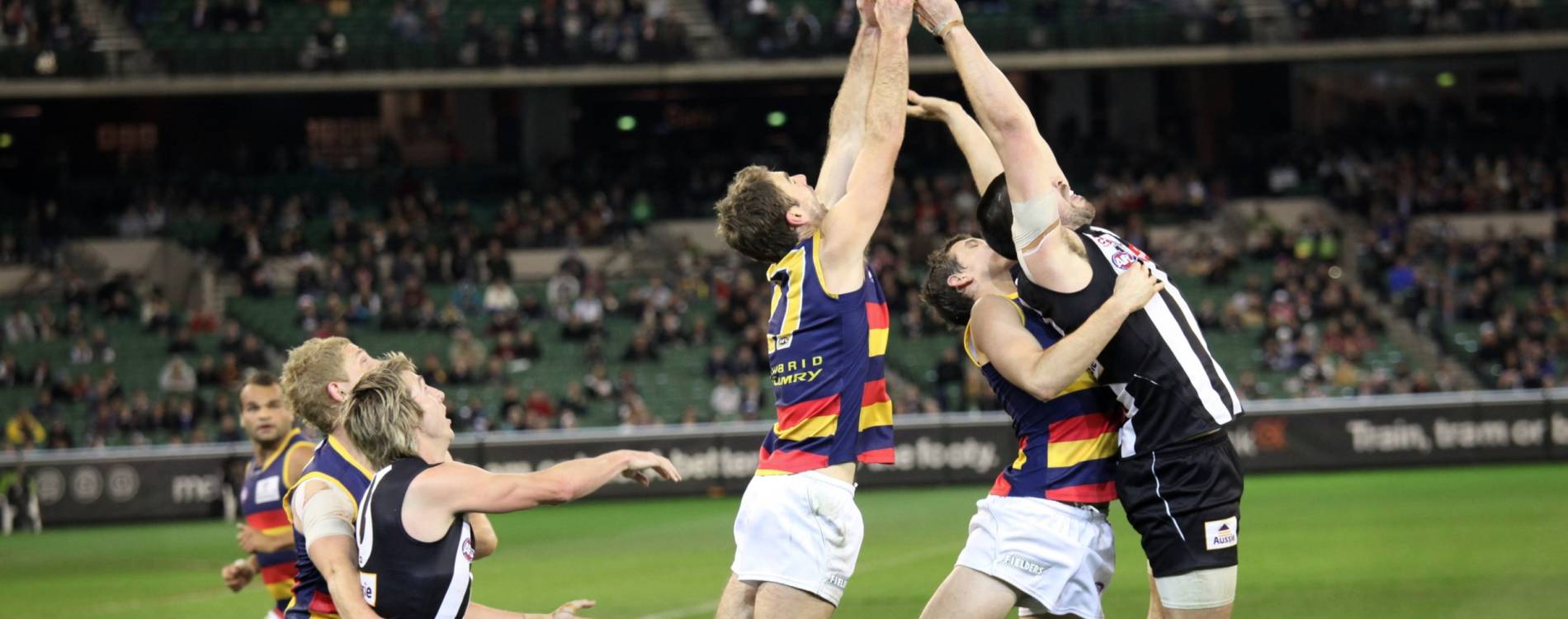 Collingwood players jostle for the ball