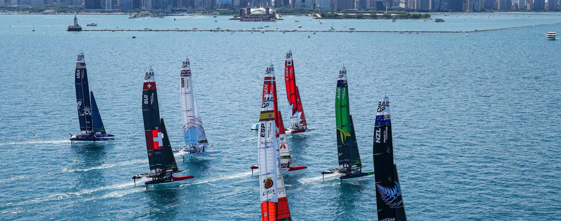 Crews race their F50 catamarans in the Chicago Sail Grand Prix