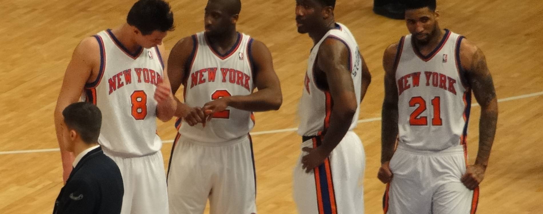 Danilo Gallinari, Raymond Felton, Amar'e Stoudemire, and Wilson Chandler of the New York Knicks