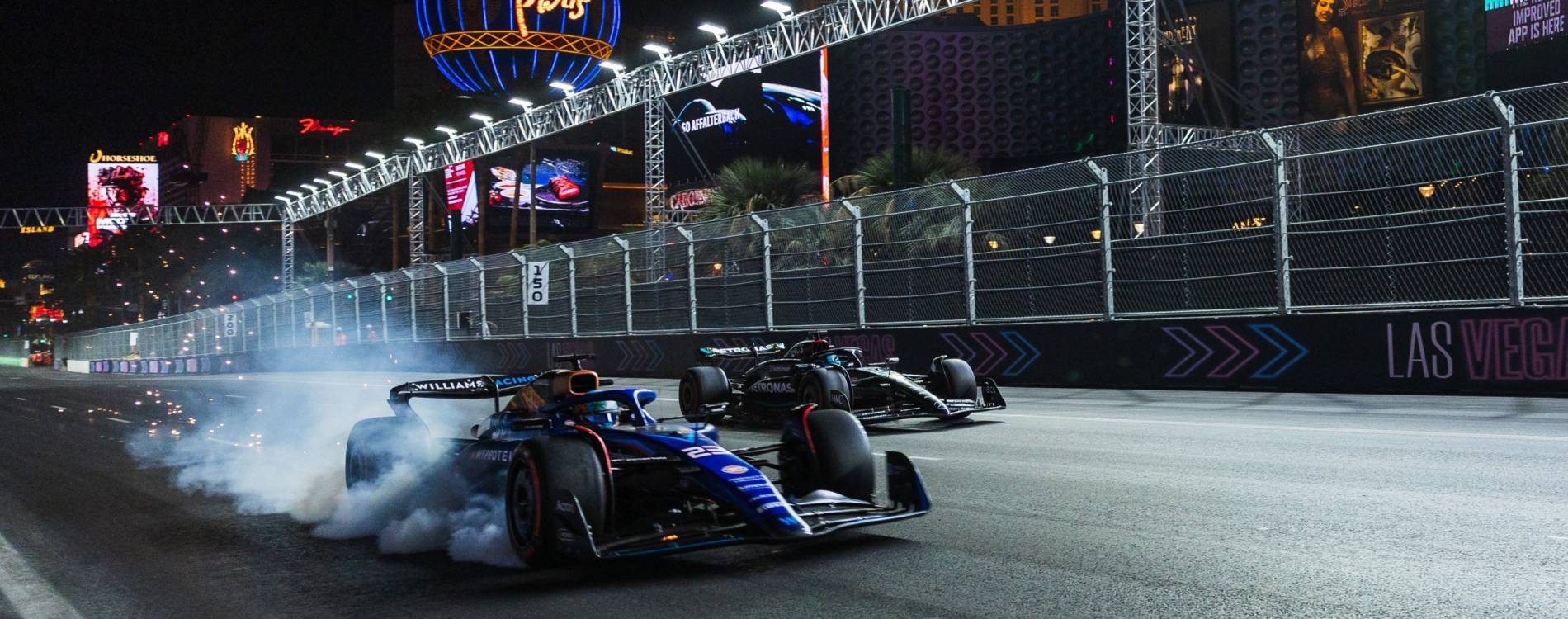 Drivers race past iconic Las Vegas hotels in the Las Vegas Grand Prix