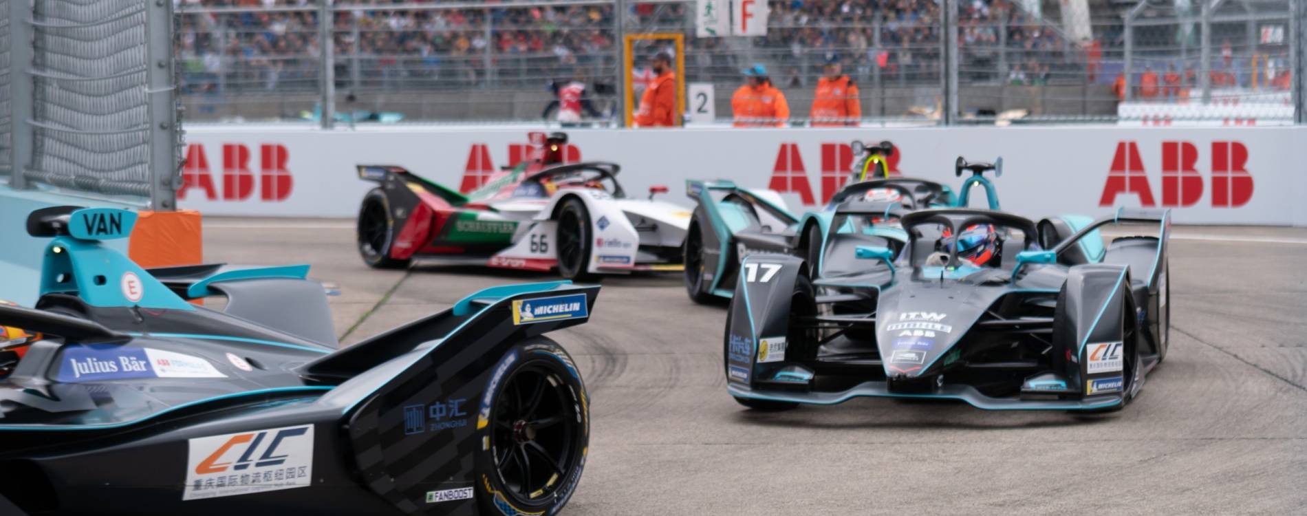 Drivers take on a corner at the Berlin E-Prix