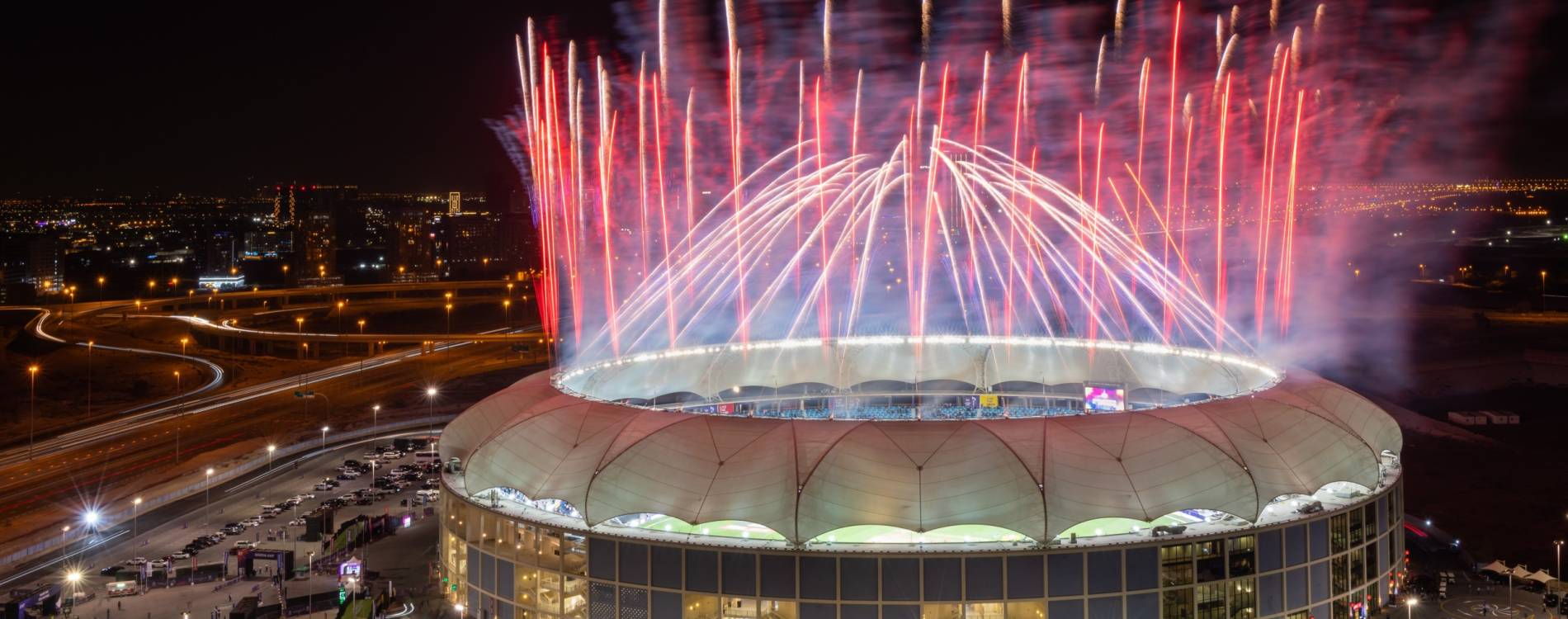 Dubai International Cricket Stadium celebrates the 2021 T20 World Cup with a fireworks display.