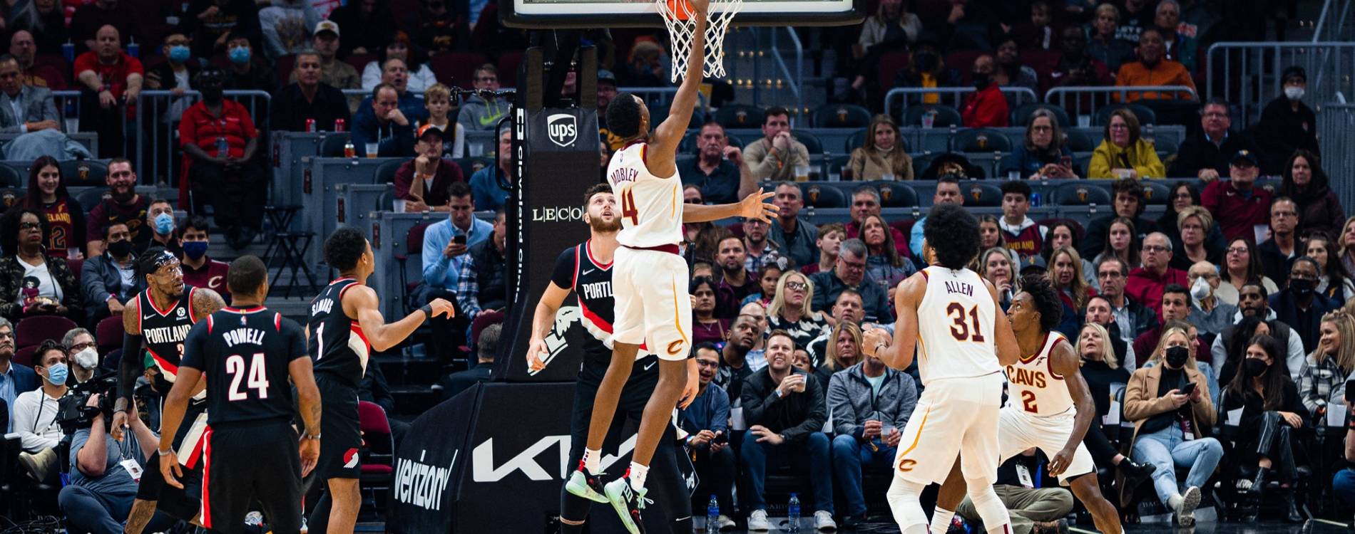 Evan Mobley scoring for the Cleveland Cavaliers against Portland Trail Blazers