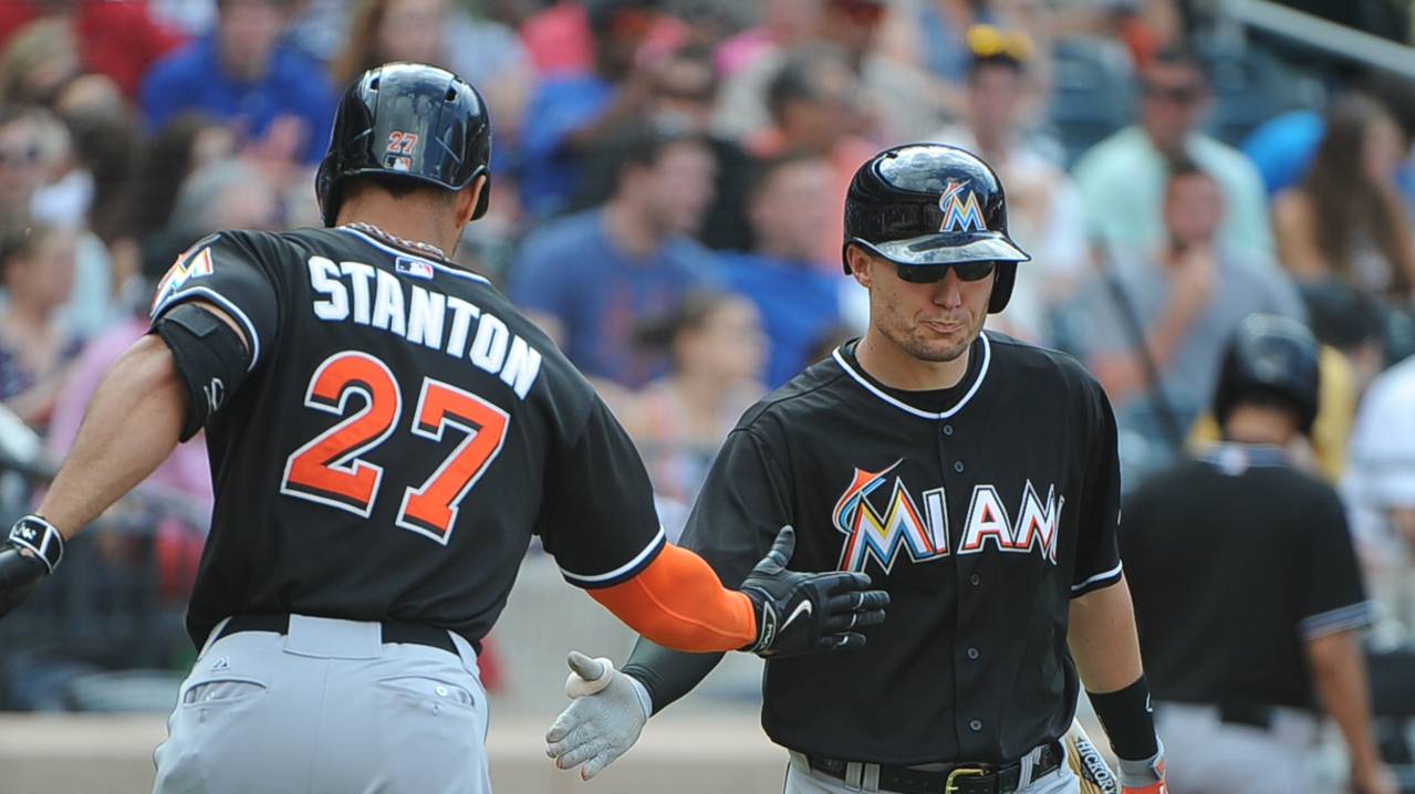 Giancarlo Stanton celebrates a home run