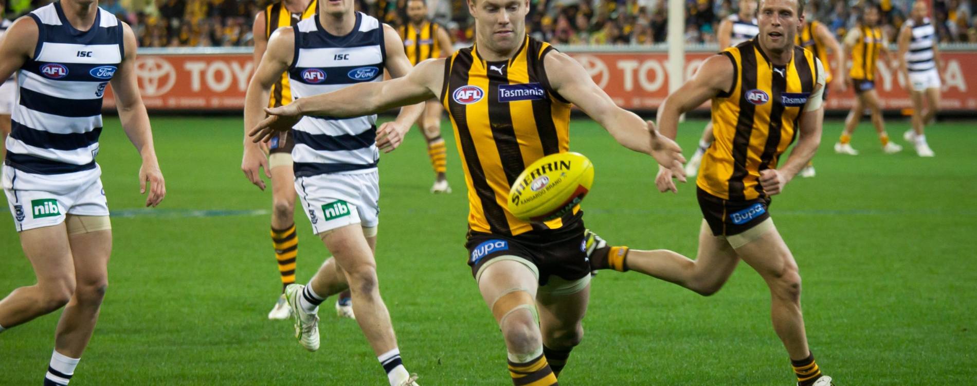 Hawthorn's Sam Mitchell kicks the ball during a match against the Geelong Cats