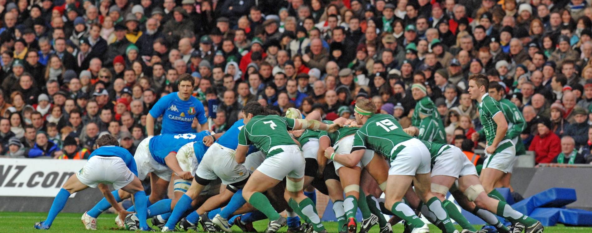 Irish and Italian players in a scrum, during a Six Nations match