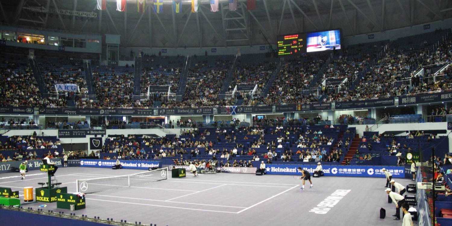 Jo-Wilfried Tsonga and Juan Martín del Potro in action at the Qizhong Tennis Center, the home of the Shanghai Masters