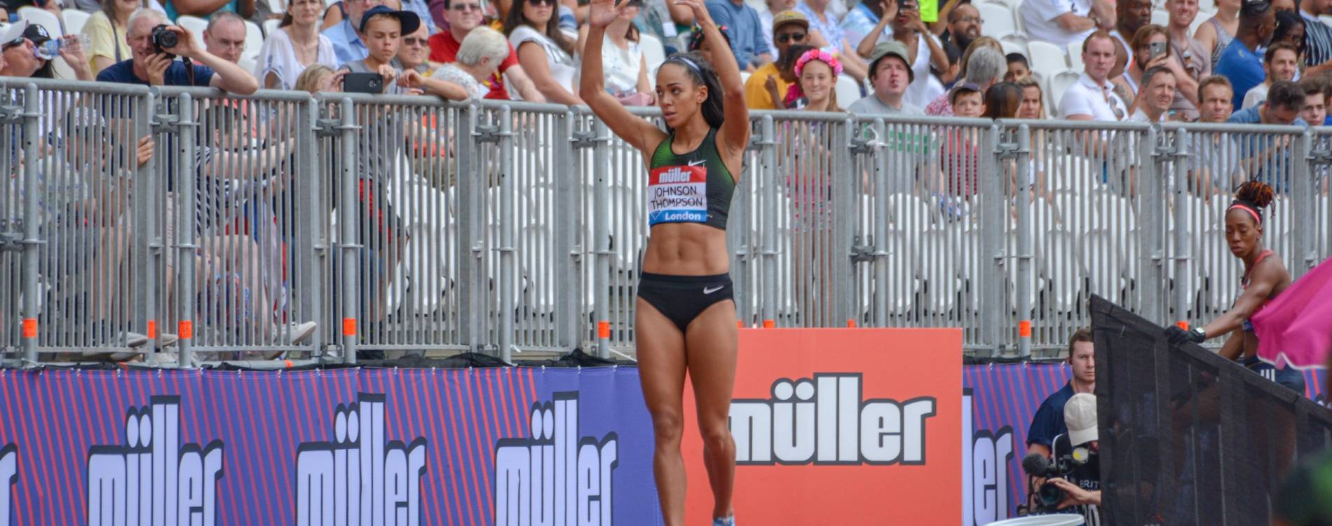 Katarina Johnson Thompson motivates the crowd ahead of her long jump at the Muller Anniversary Games