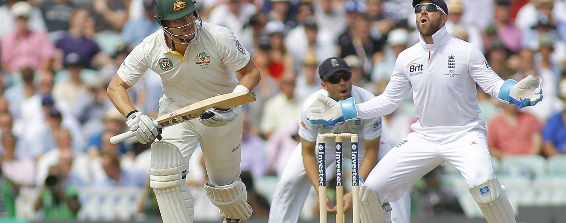 Matt Prior reacts to a near-miss for England in The Ashes