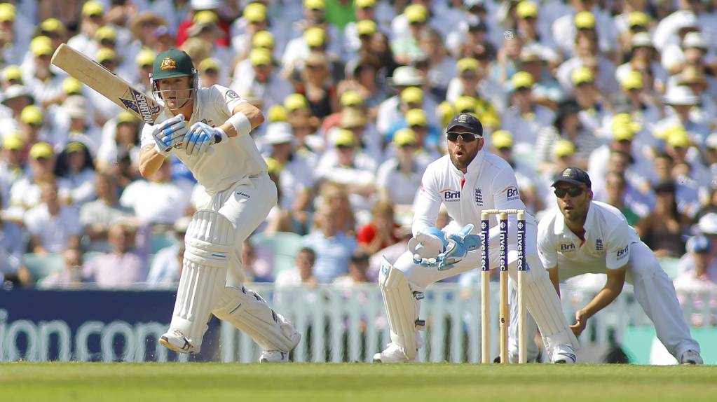Michael Clarke faces a ball while Matt Prior looks on in the 2013 Ashes Series