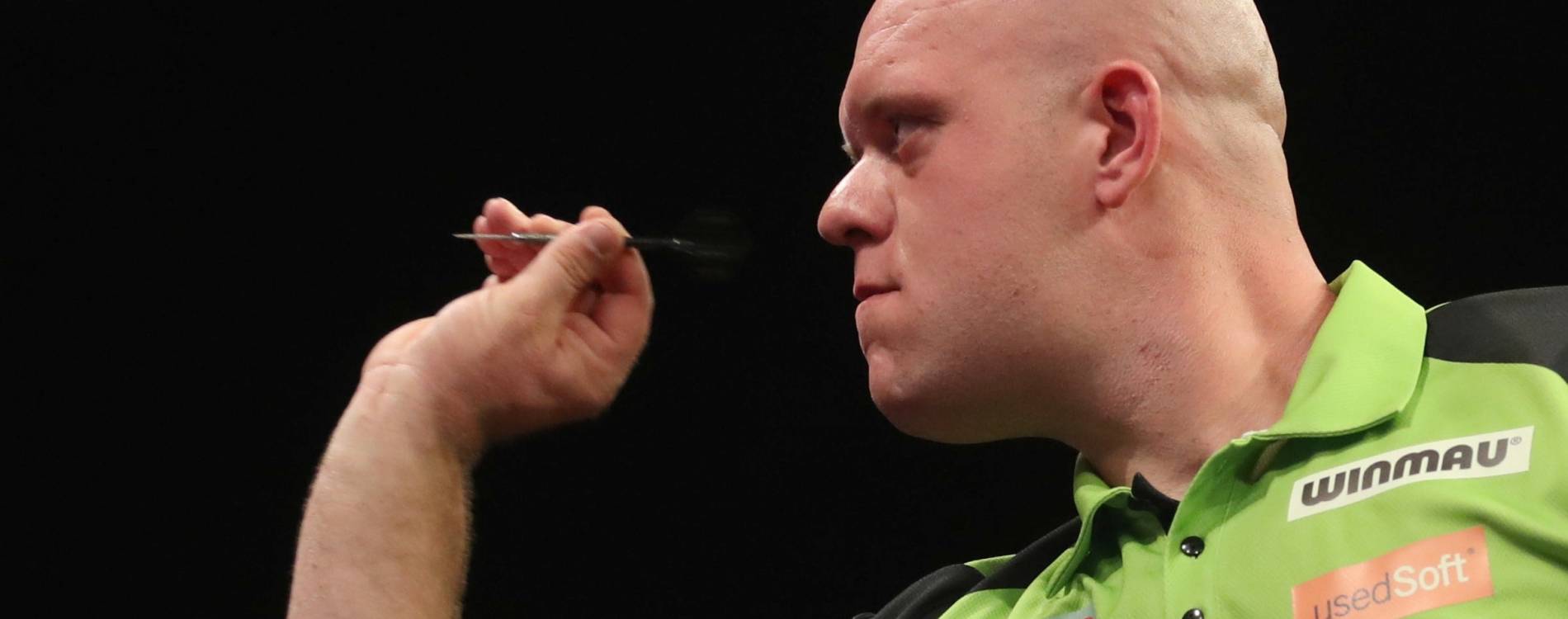Michael van Gerwen competing during a Premier League Darts event