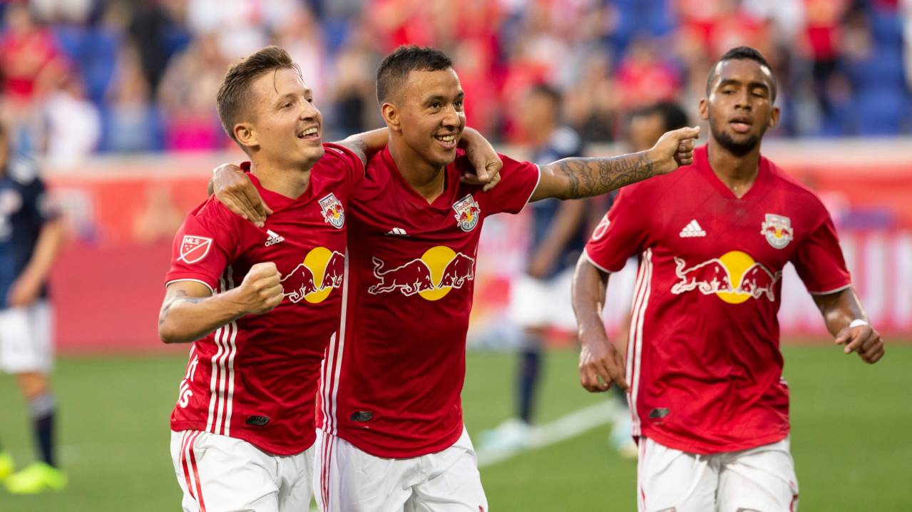 New York Red Bulls celebrate a goal against New England Revolution