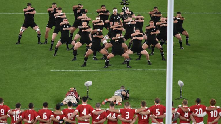 New Zealand's All Blacks perform the Haka before their match against Wales, at the 2019 Rugby World Cup