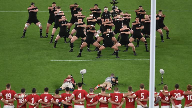 New Zealand's All Blacks perform the Haka before their match against Wales, at the 2019 Rugby World Cup