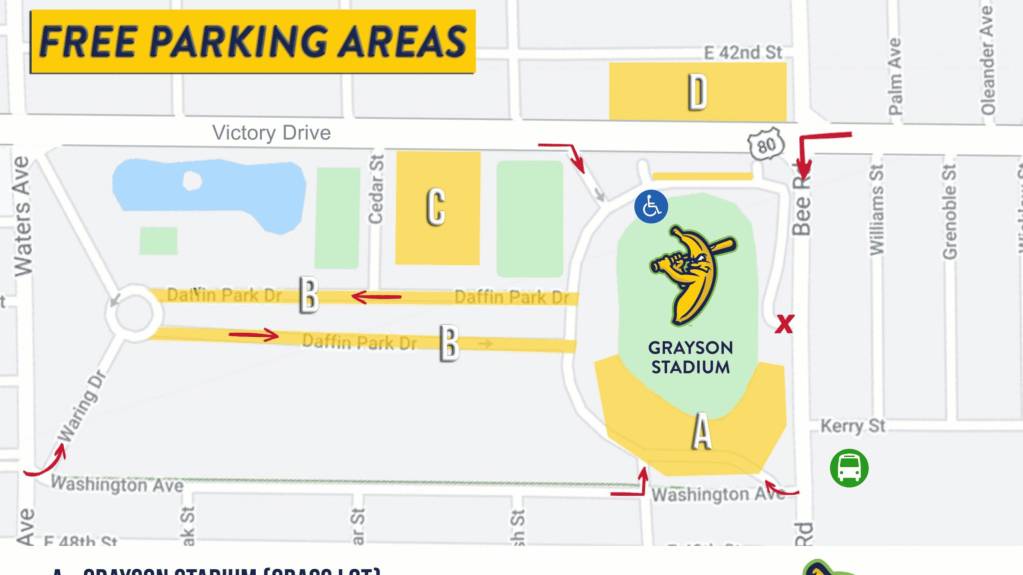 Parking map for Savannah Bananas games at Grayson Stadium