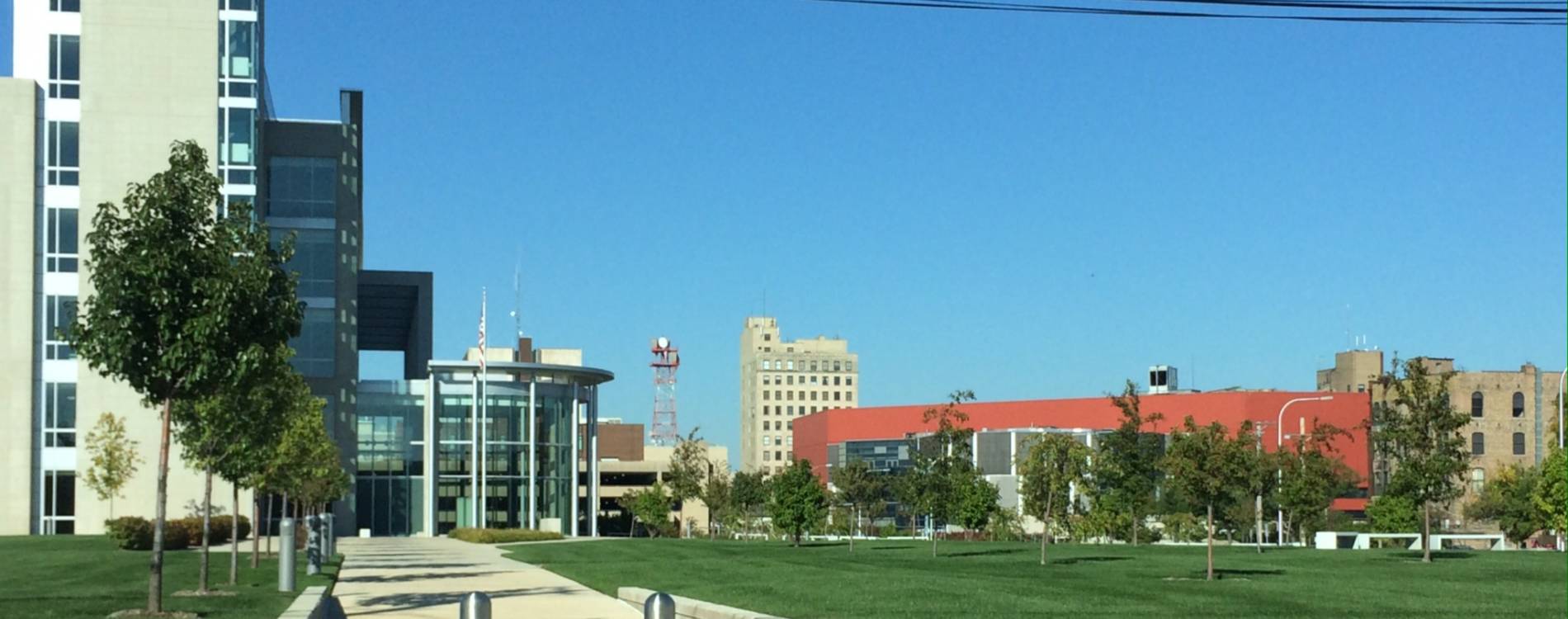 Plaza containing the BMO Harris Bank Center (red building)
