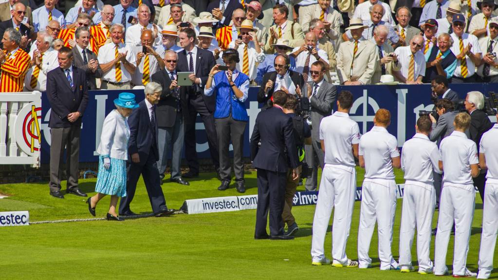 Queen Elizabeth II greets players before the Second Ashes Test at Lord’s Cricket Ground