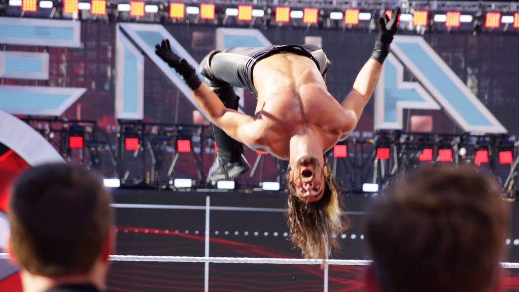 Raw Superstar Seth Rollins performs a moonsault at WrestleMania