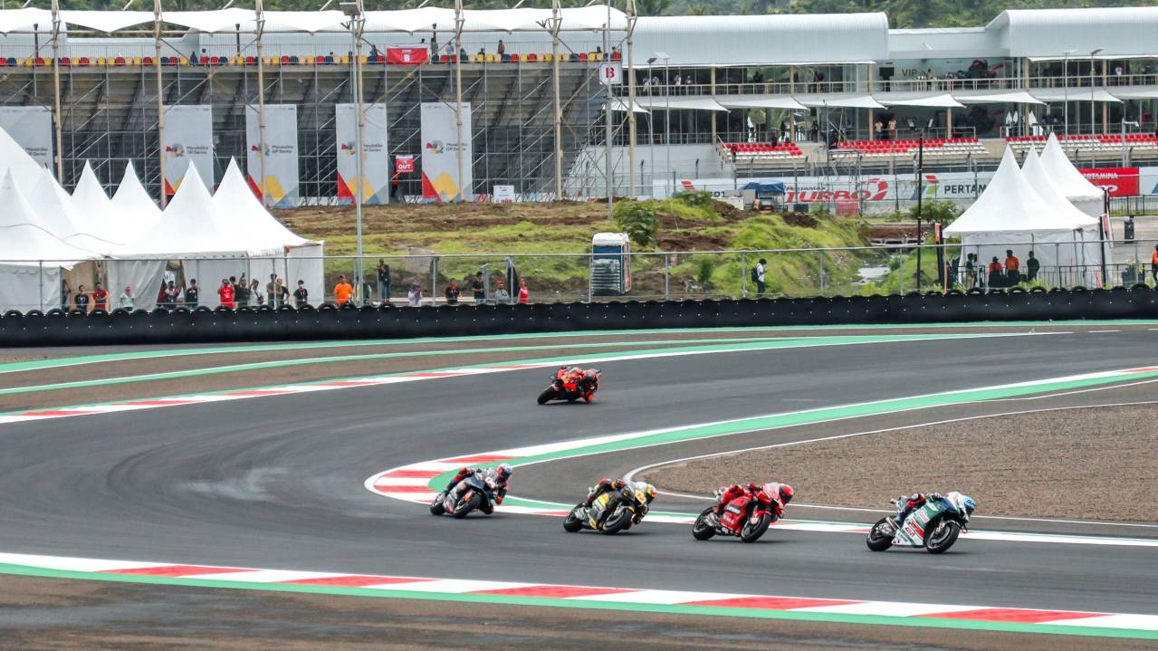 Riders taken on a corner at Mandalika International Street Circuit