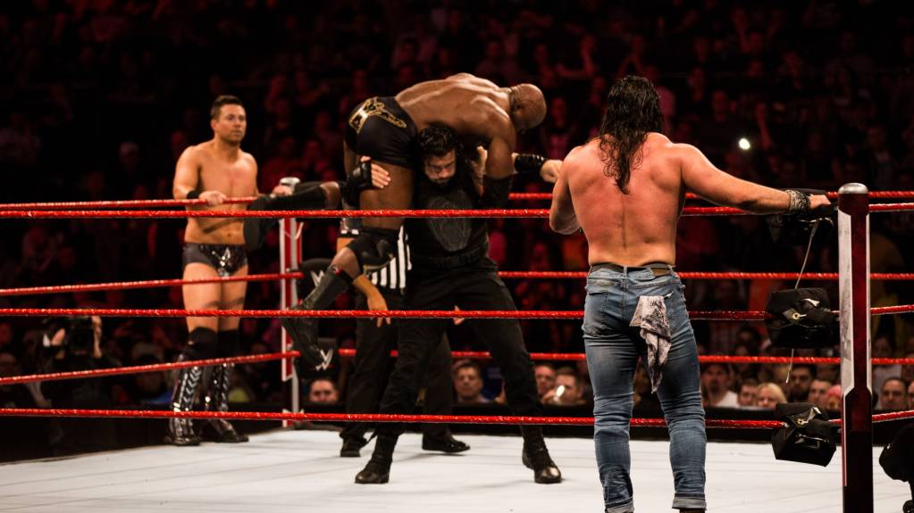 Roman Reigns grapples with Bobby Lashley on Monday Night Raw