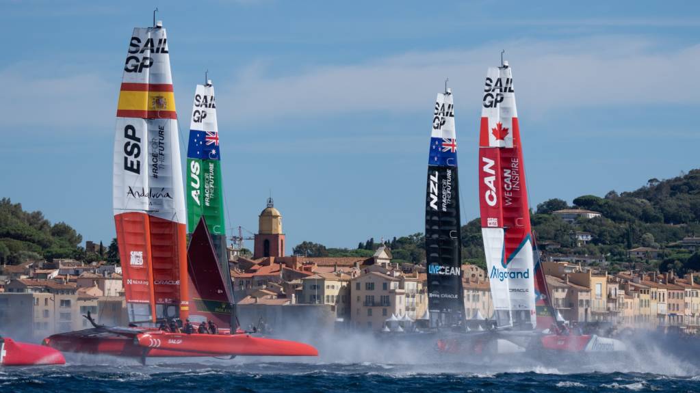 SailGP catamarans race off the coast of Saint-Tropez in the France Sail Grand Prix