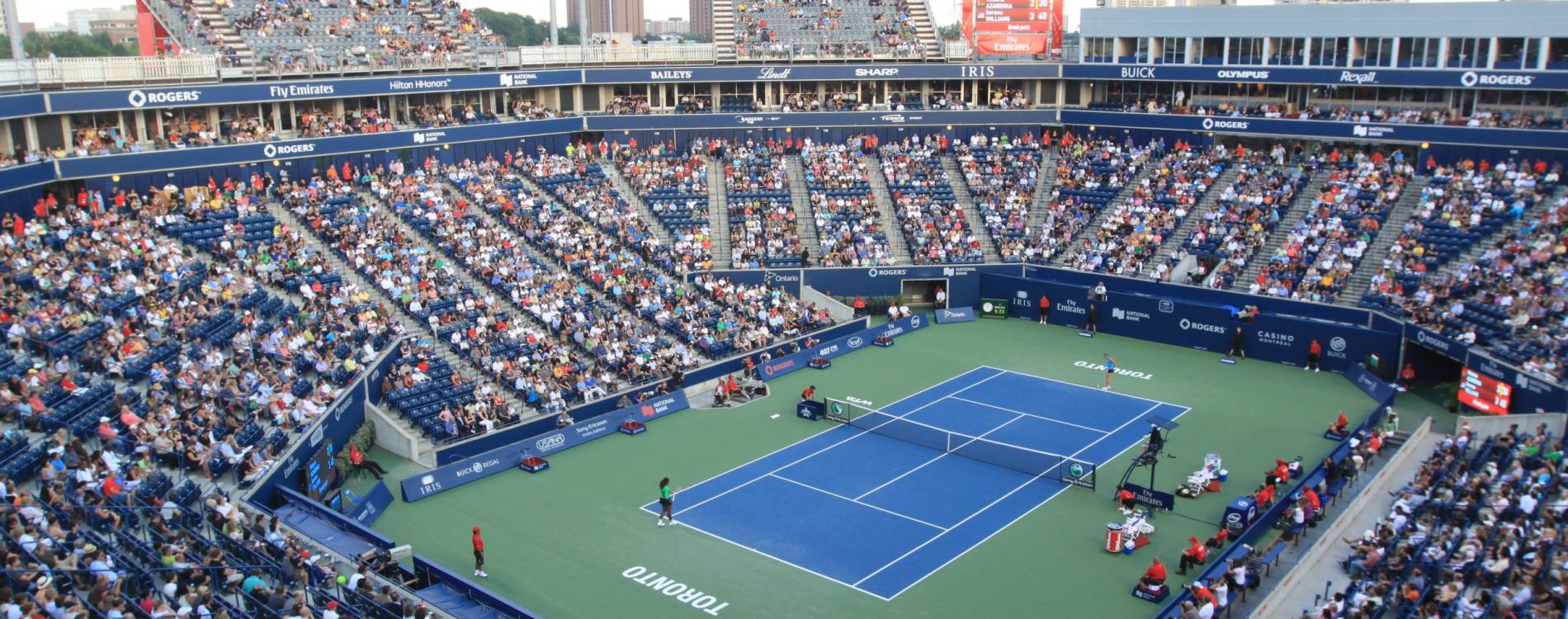 Serena Williams and Victoria Azarenka compete during the women's National Bank Open
