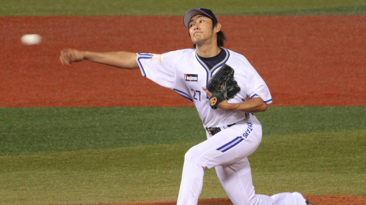 Shintaro Ejiri pitches for the Yokohama DeNA BayStars