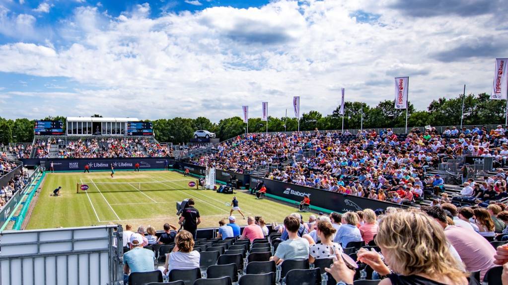 Sideline (Tribune C) seating is visible behind the umpire