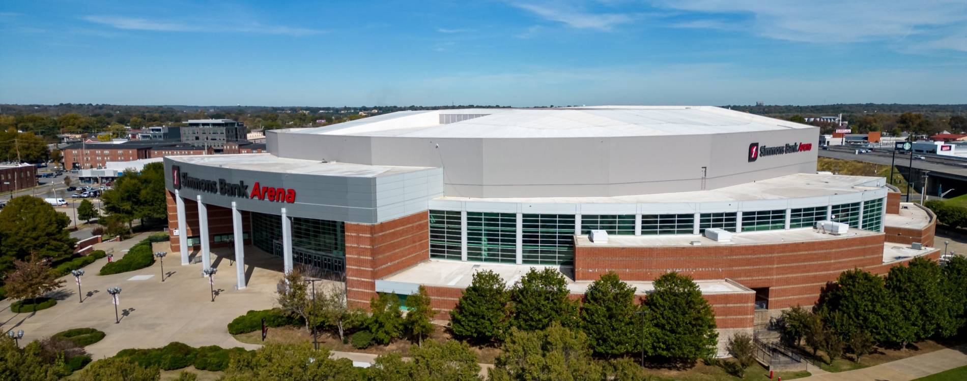 Simmons Bank Arena on the banks of the Arkansas River