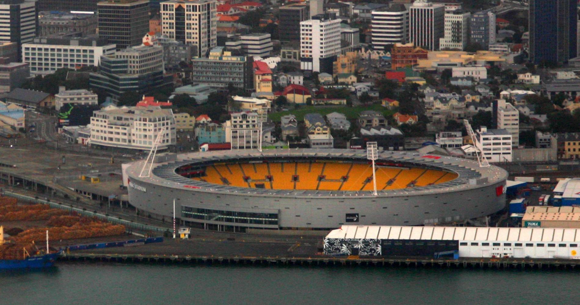 Sky Stadium, also known as Wellington Regional Stadium, with Wellington Harbour in the foreground