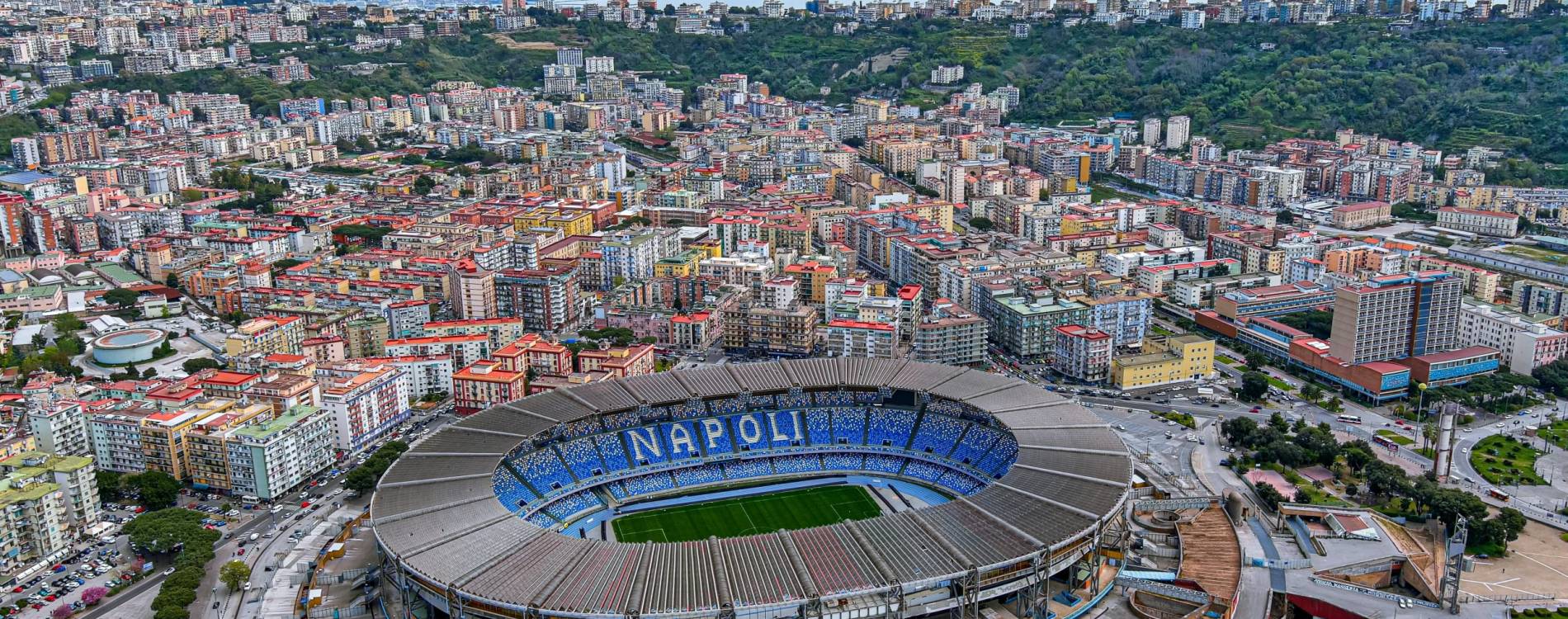 Stadio Diego Armando Maradona aerial shot with Vesuvius in background
