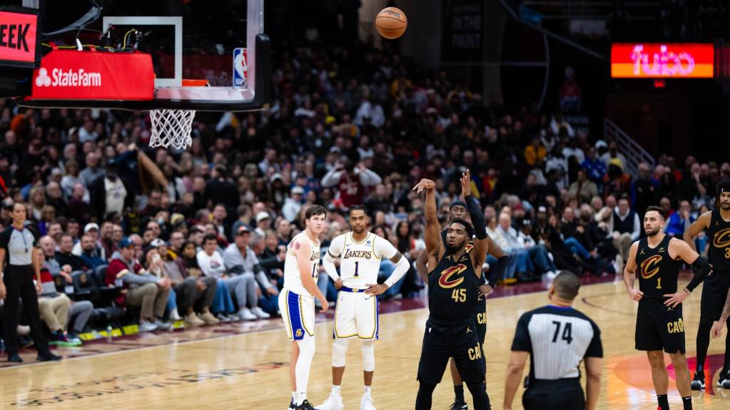 The Cleveland Cavaliers' Donovan Mitchell takes a free throw