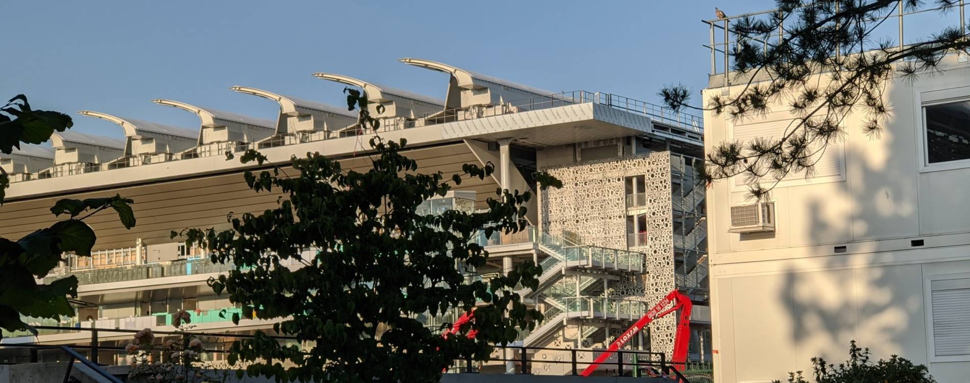 The exterior of Court Philippe-Chatrier, at Stade Roland-Garros in Paris