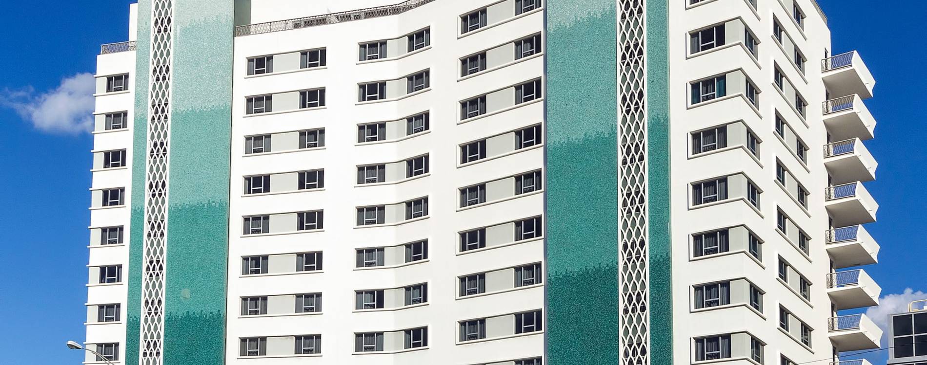 The front of the Eden Roc Hotel in Miami Beach, Florida, USA