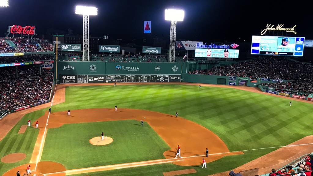 The Green Monster rises high above left field at Fenway Park