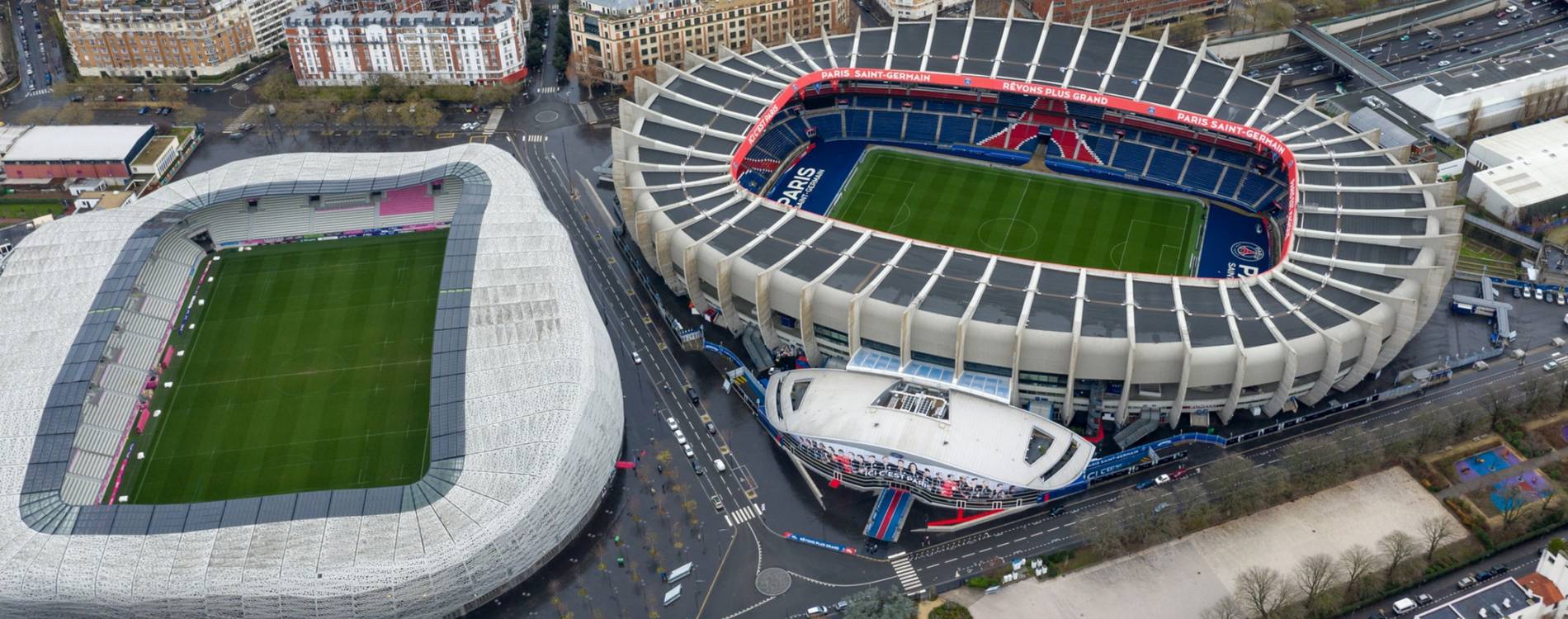 The Parc des Princes is located on the right, next door to Stade Jean Bouin