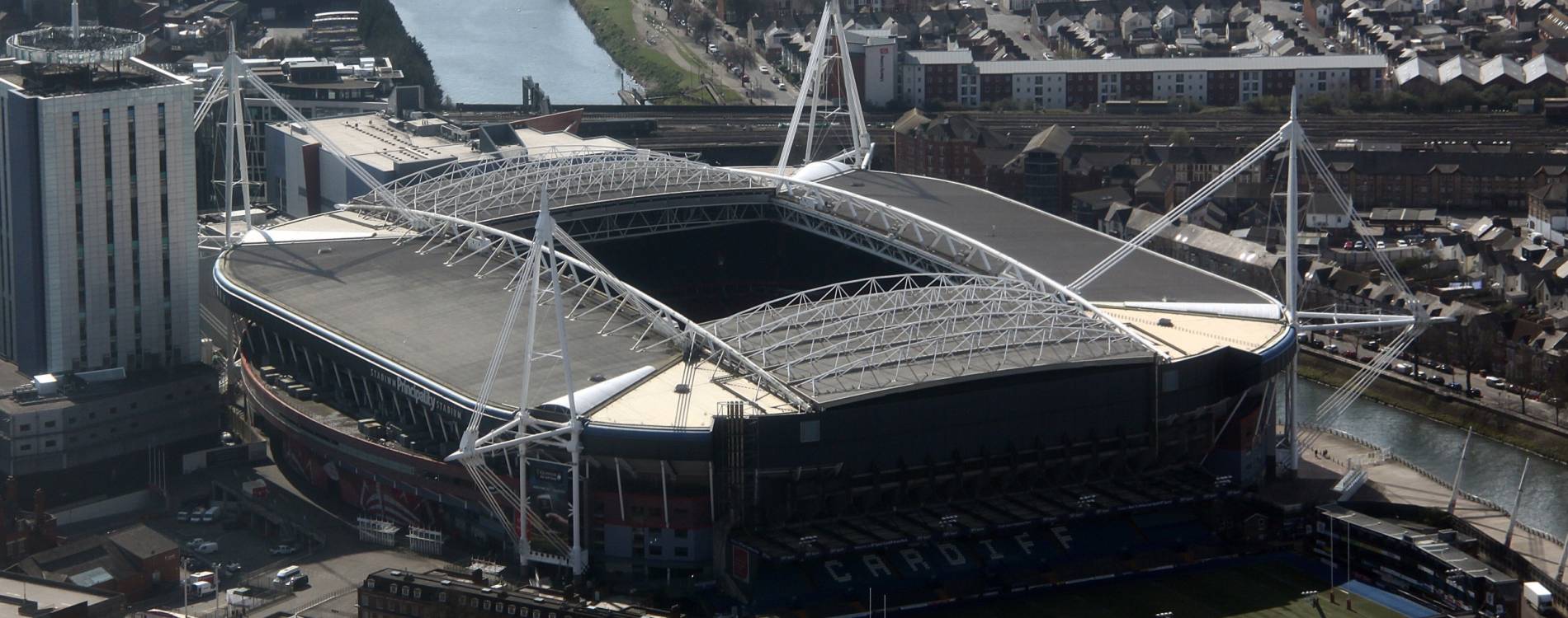 The Principality Stadium in Cardiff, with Cardiff Arms Park in the foreground