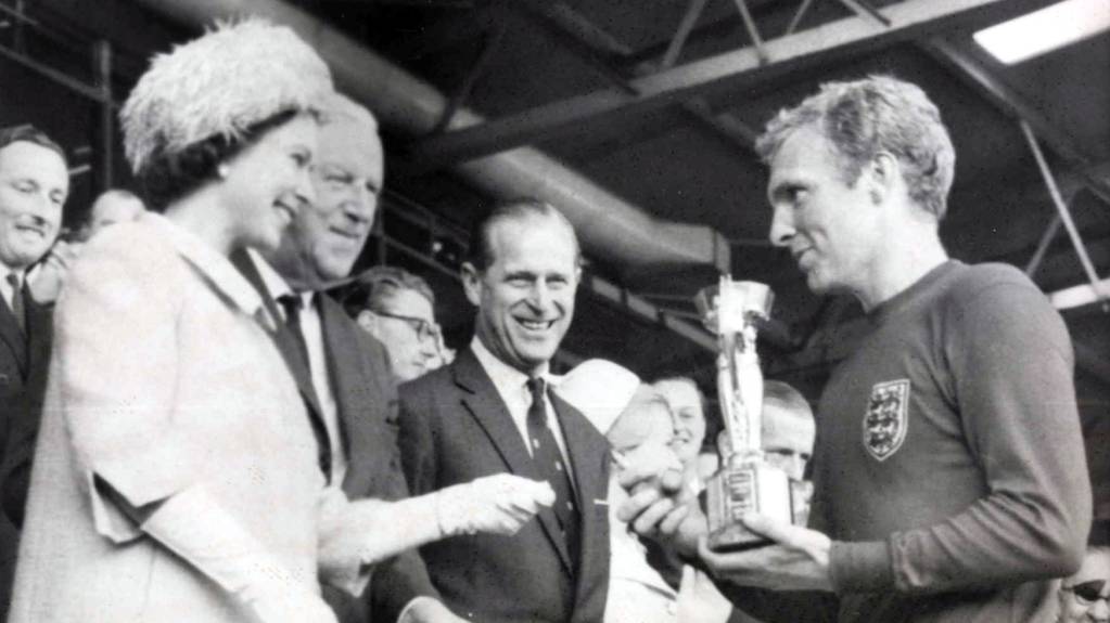 The Queen presents the 1966 World Cup to England Captain, Bobby Moore