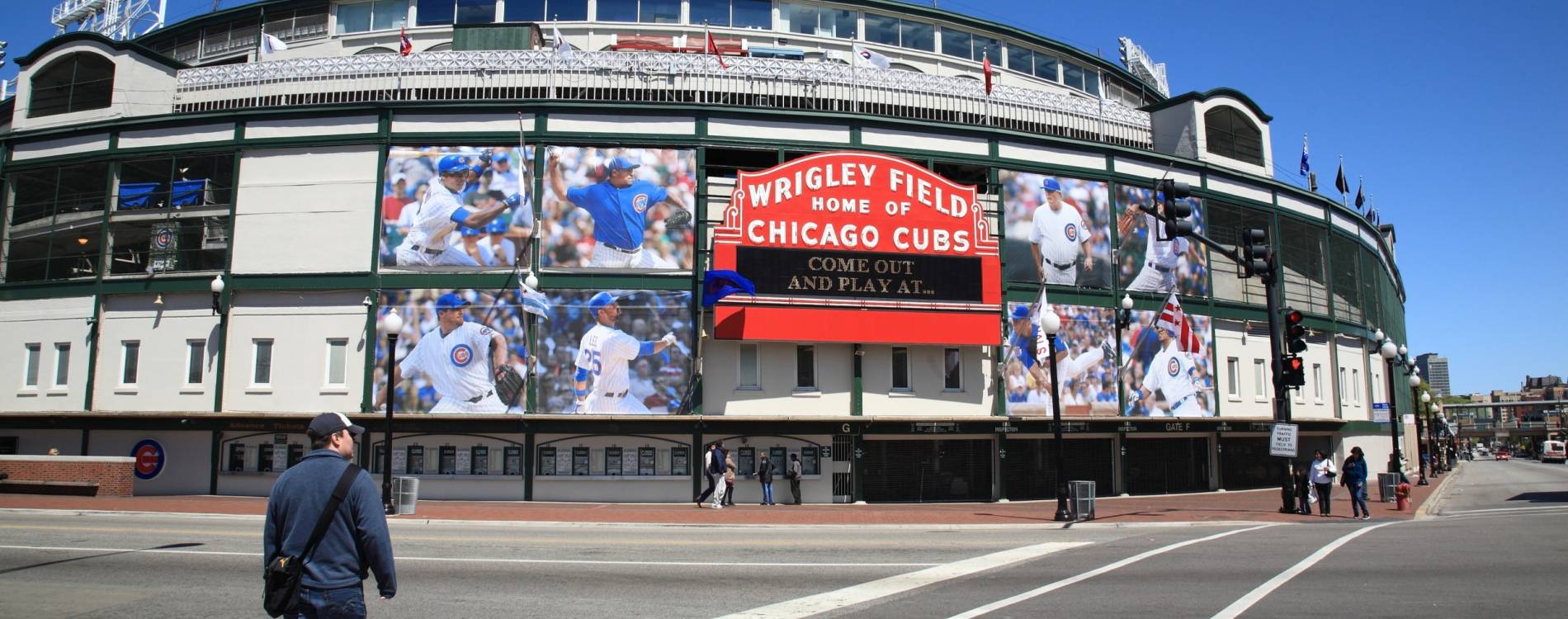 View of the famous red sign at Wrigley Field